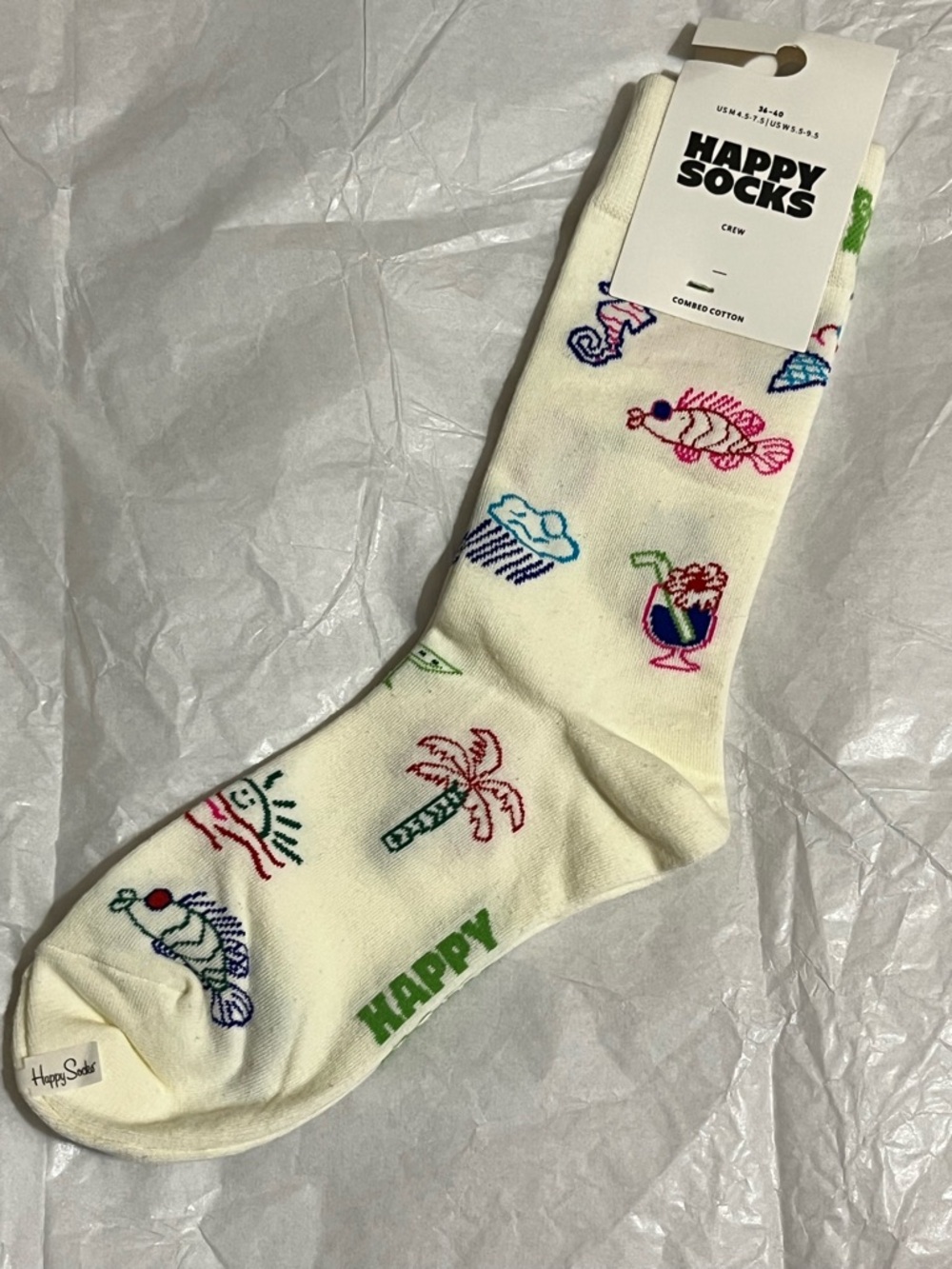 Happy Socks Cream Crew Socks with Pink & Blue Tropical Fish Icons
